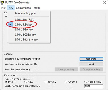 「SSH-2 RSA key」を選択したPuTTY Key generatorのKeyタブ