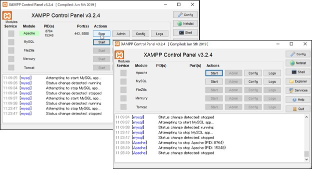 Apacheを停止したxamppのコントロールパネル