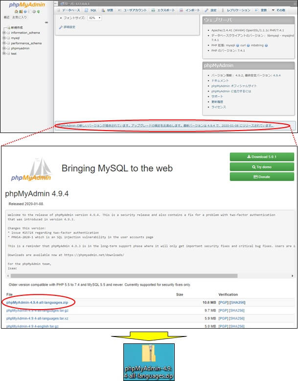 phpMyAdminの最新バージョンのインストールexeのダウンロード画面