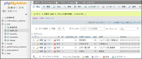 復元の確認できたjinjiの各テーブル画面