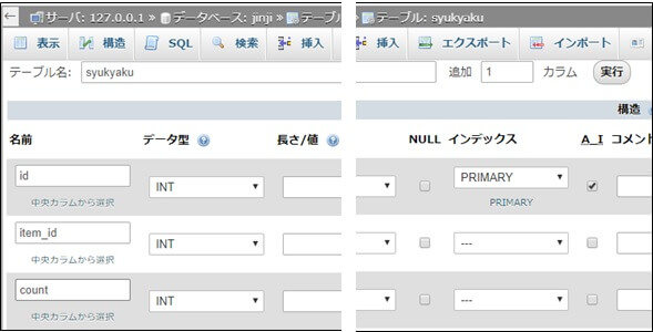テーブルsyukyakuのカラム名、データ型の選択画面